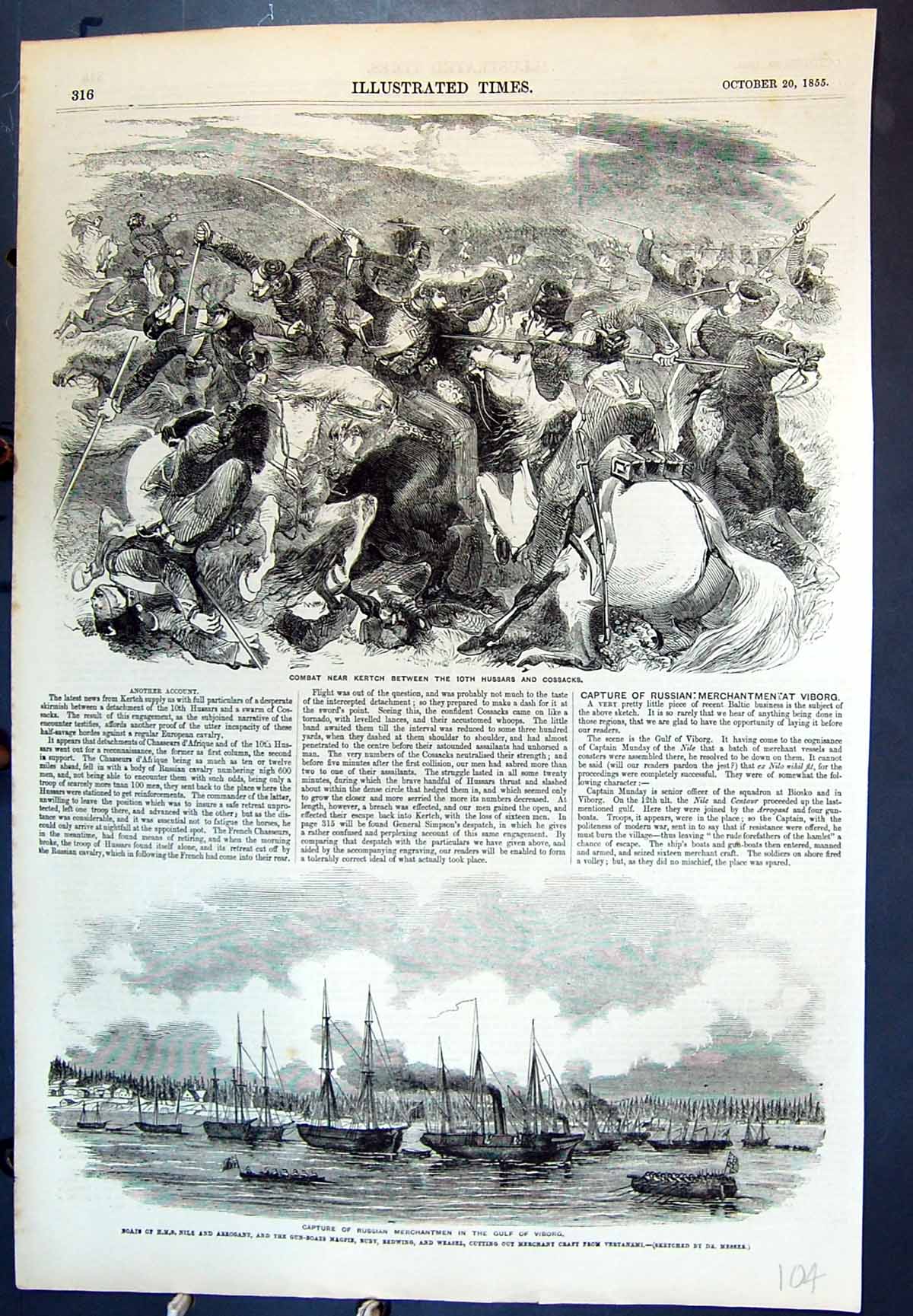 Antique Print Combat Kertch Hussars Cossacks Capture Russian Merchants 1855