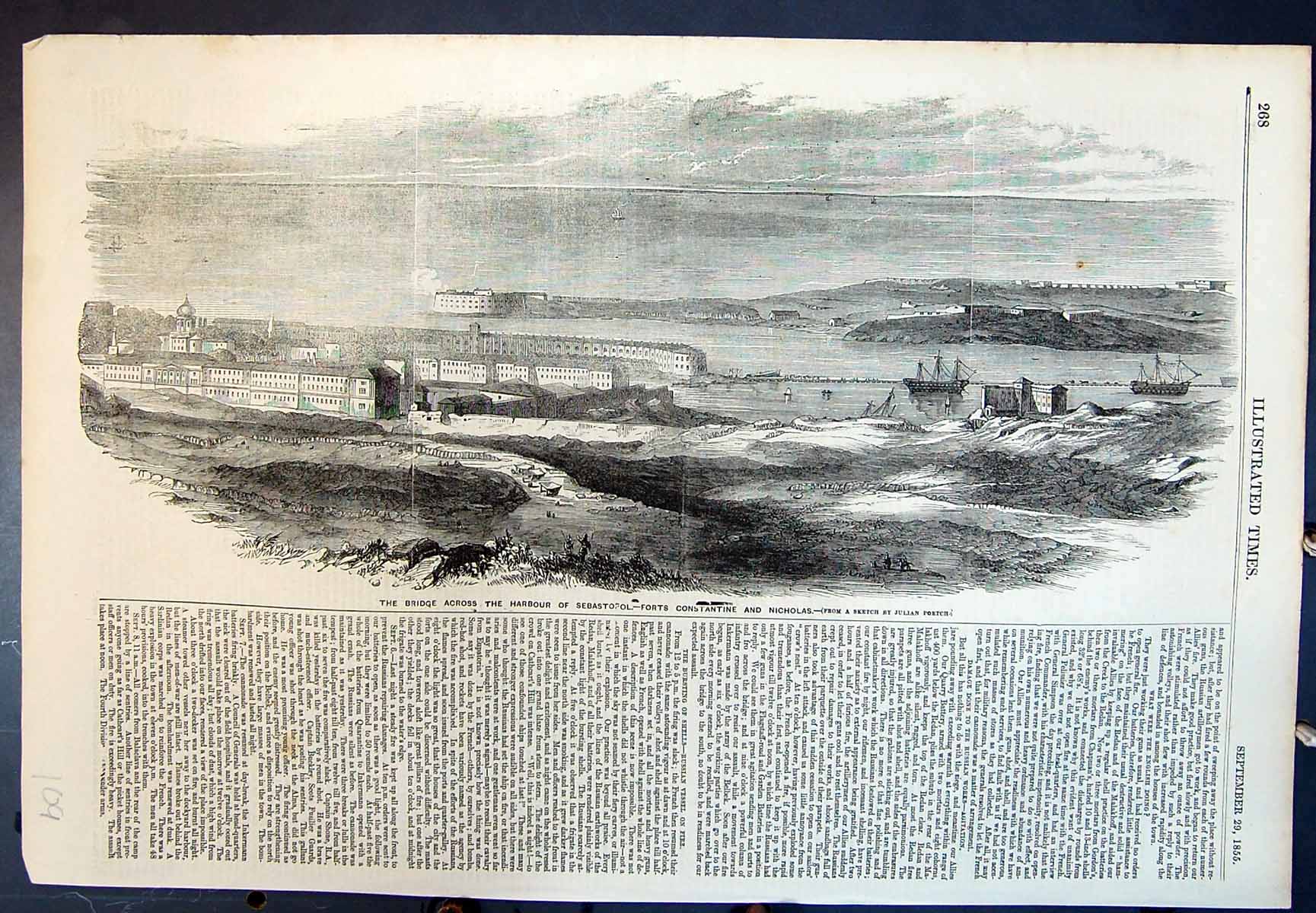 Antique Old Print Bridge Harbour Sepastopol Forts Constantine Nicholas 1855