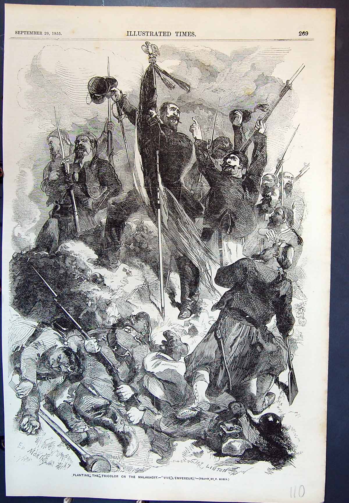 Antique Old Print Planting Tricolor On Malakhoff Vive L'Empereur E Morin 1855