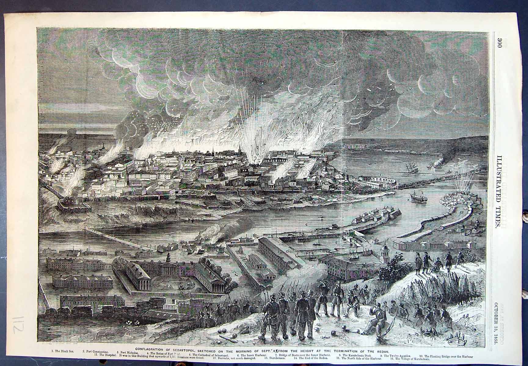 Old Antique Print Conflagration Sebastopol Height Termination Redan 1855 19th