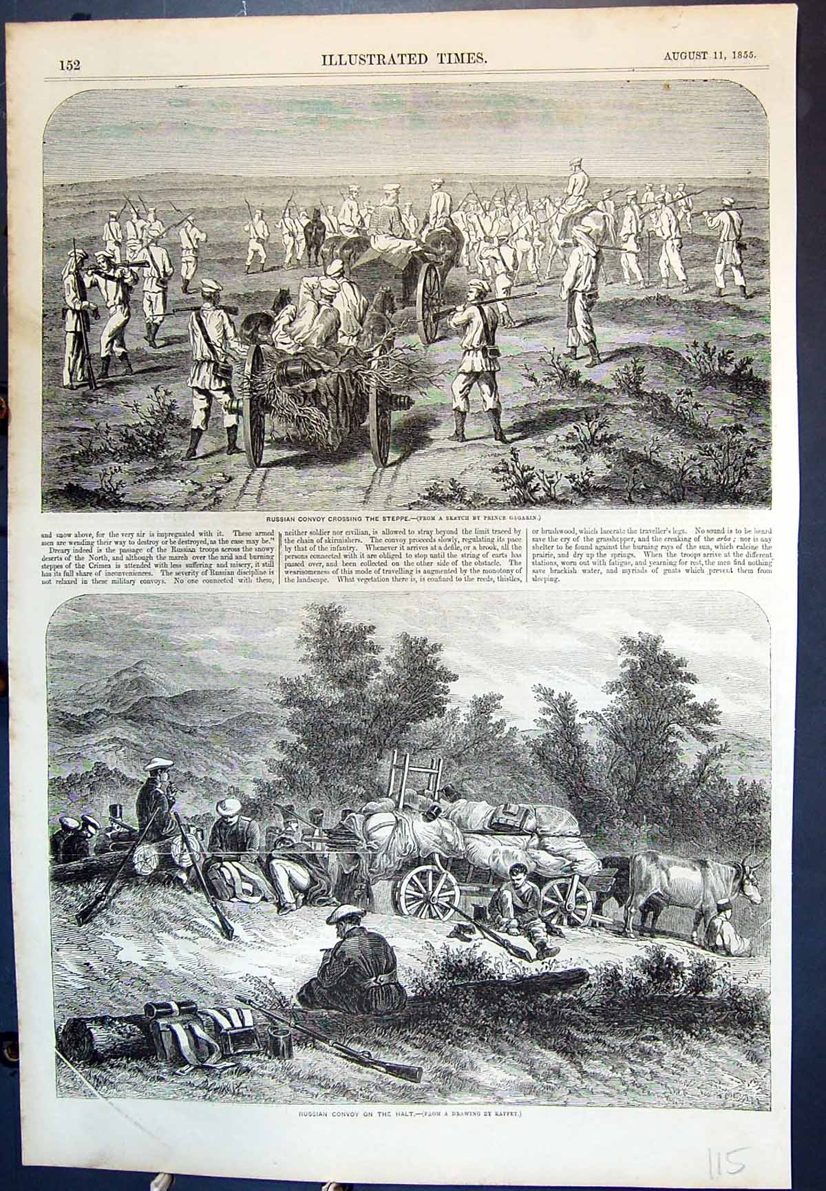 Old Antique Print Russian Convoy Crosing Steppe Halted Oxen Horses 1855 19th