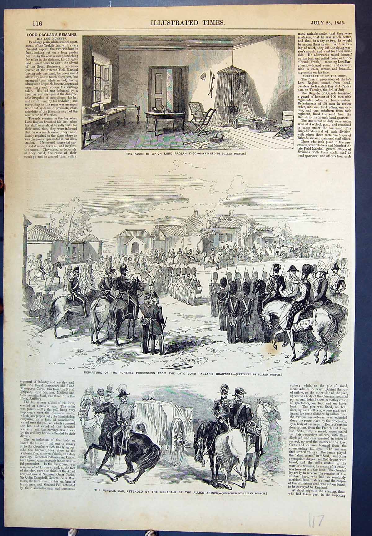 Old Antique Print Departure Funeral Procession Late Lord Raglan Room 1855 19th