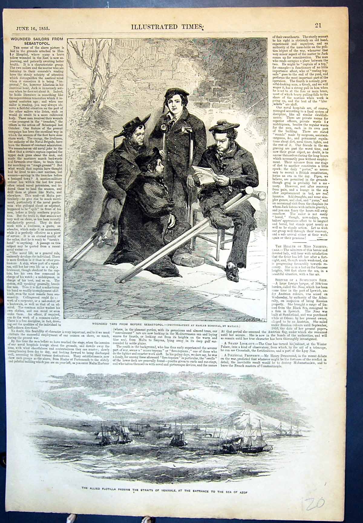 Antique Print Wounded Tars Before Sebastopol Allied Flotilla Yenikale 1855 19th