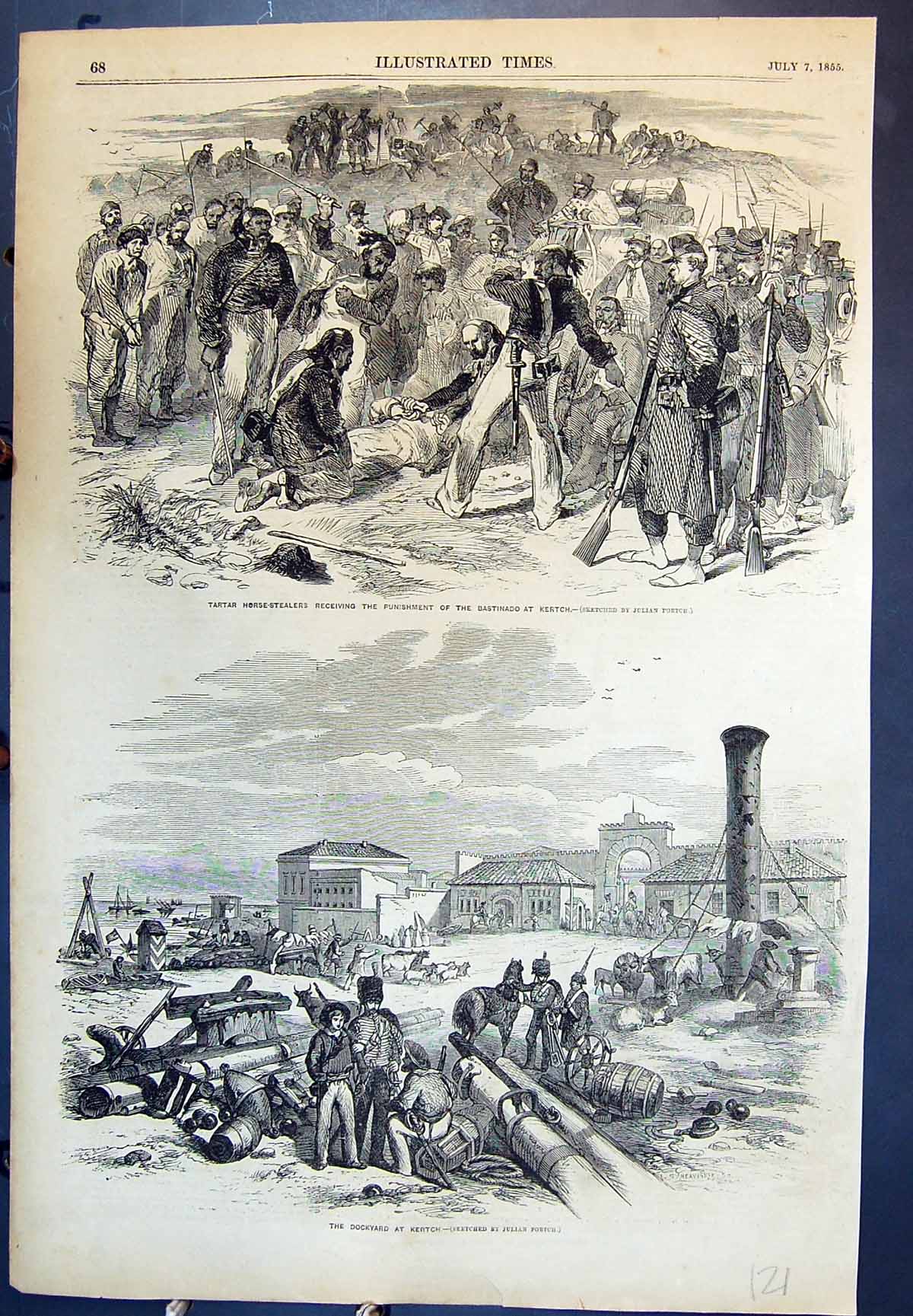 Antique Print Tartar Horse-Stealers Being Punished Dockyard At Kertch 1855 19th