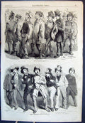 Old Antique Print English Recruits French Conscripts Numbers In Hats 1855 19th