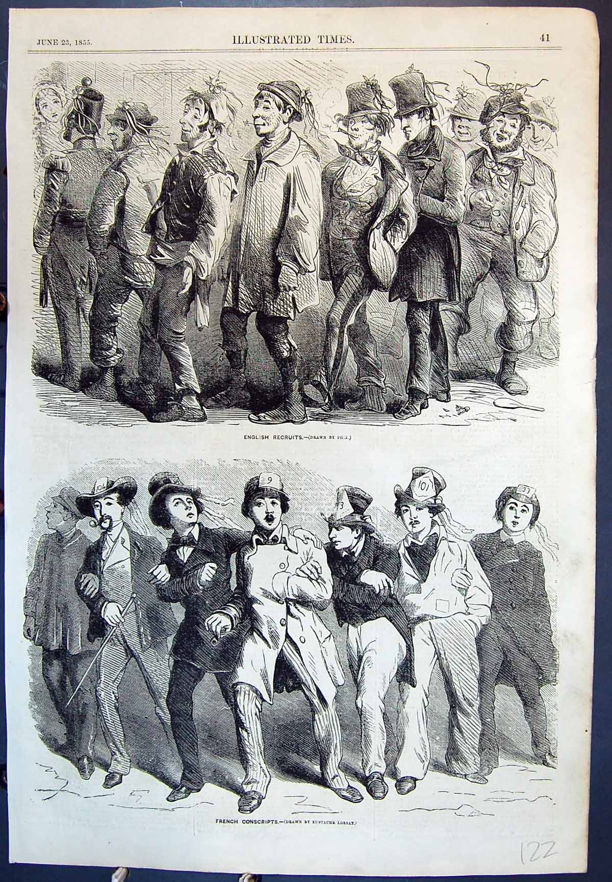 Old Antique Print English Recruits French Conscripts Numbers In Hats 1855 19th