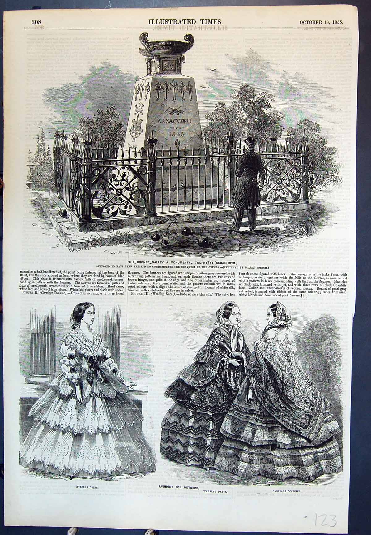 Old Print Bronze Galley Monumental Trophy Sebastopol Crimea Fashion 1855 19th