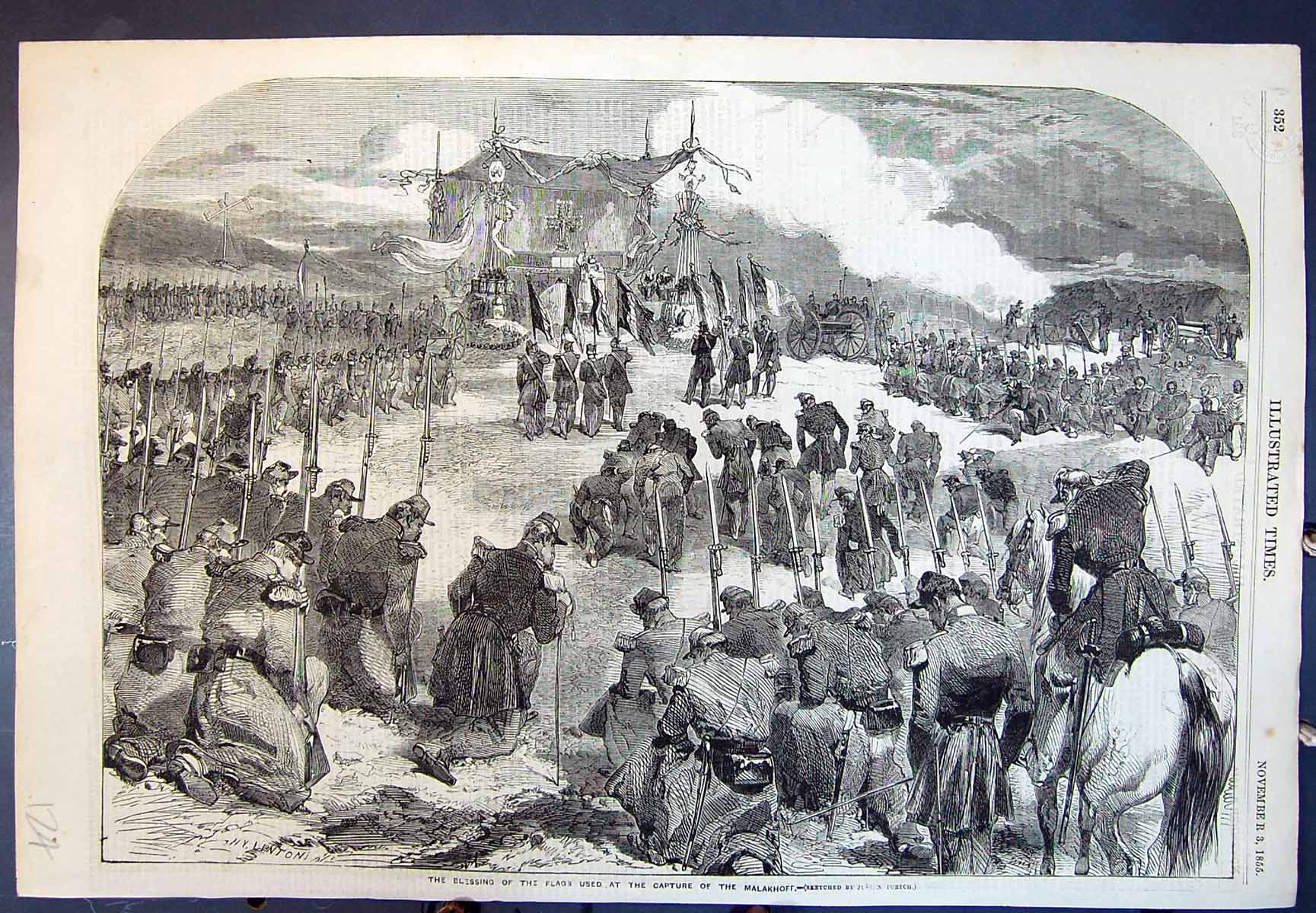 Original Old Antique Print Blessing The Flags Used At Capture Malakhoff 1855