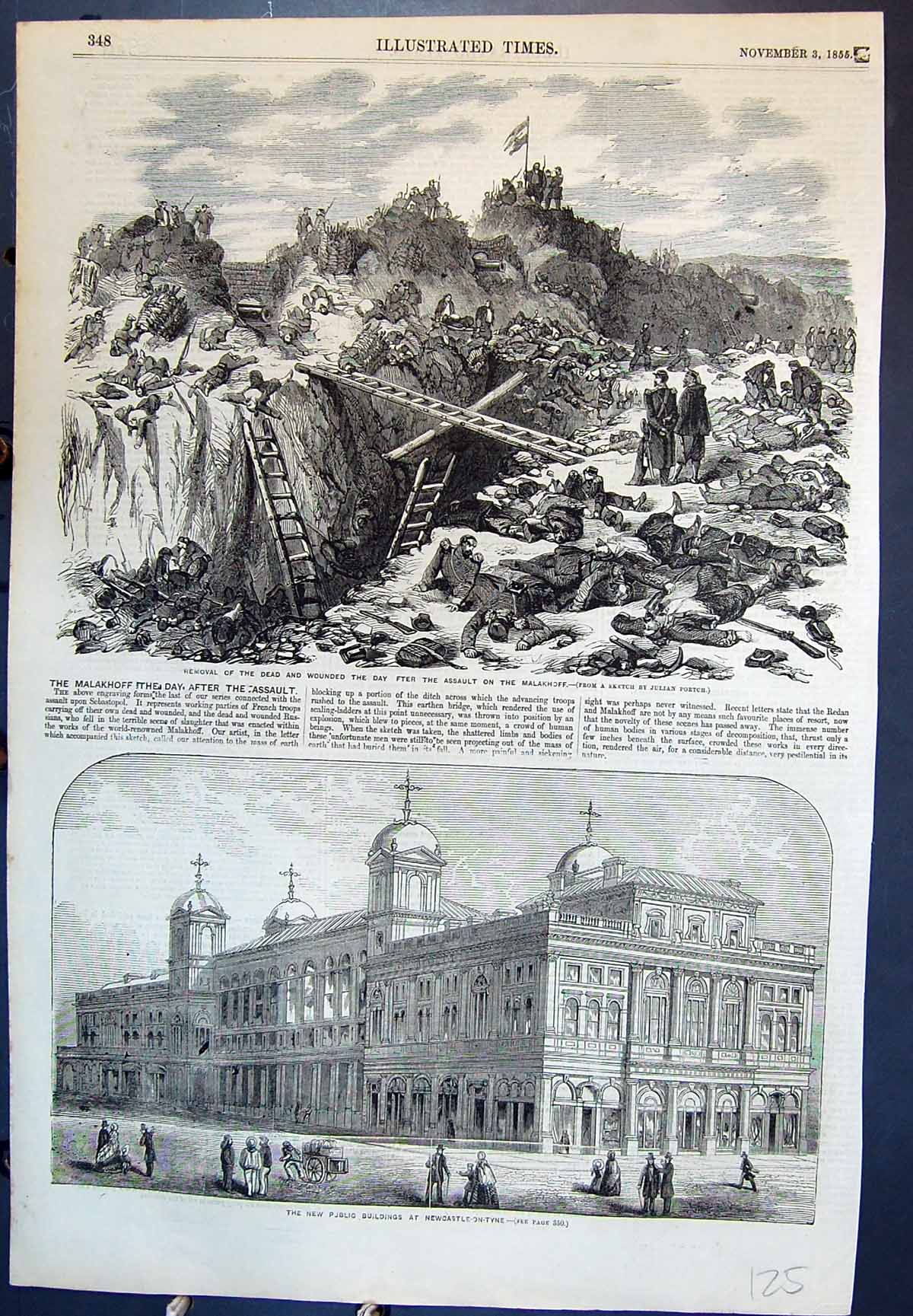 Old Print Removal Dead Wounded Malakhoff Assault Newcastle Building 1855 19th