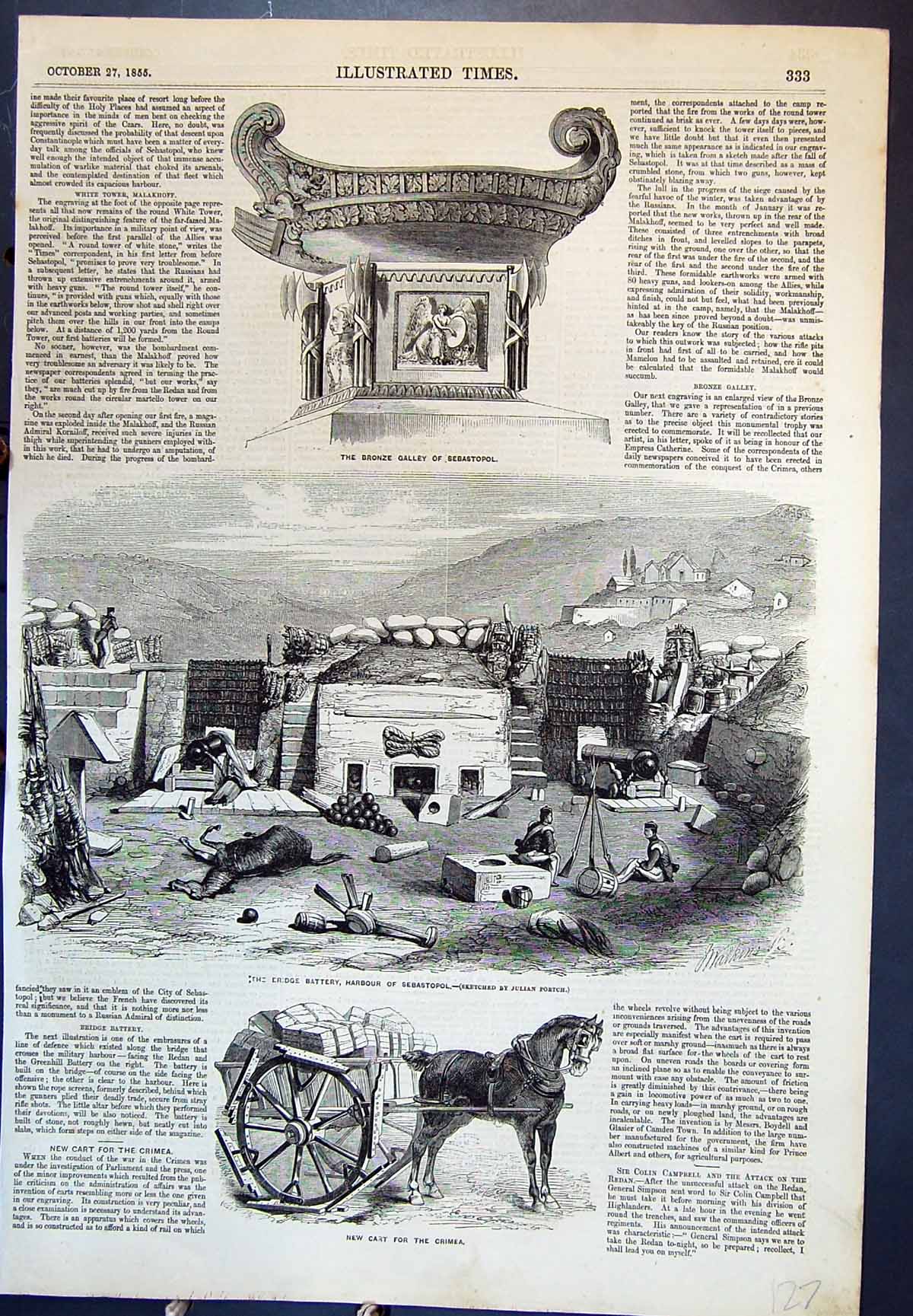 Antique Print Bronze Galley Sebastopol Bridge Battery New Cart Crimea 1855 19th