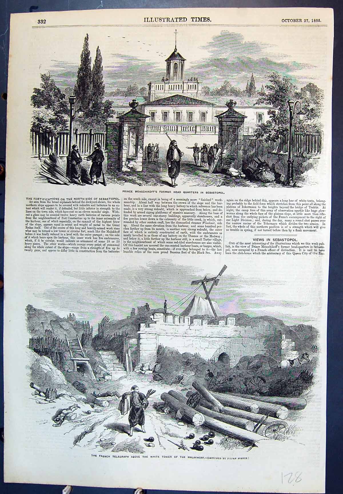 Old Antique Print Prince Menschikoffs Former Headquarters Sebstopol 1855 19th