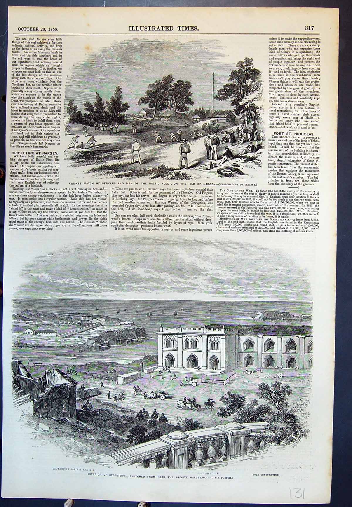 Antique Print Cricket Isle Nargen Interior Sebastopol Fort Constantine 1855