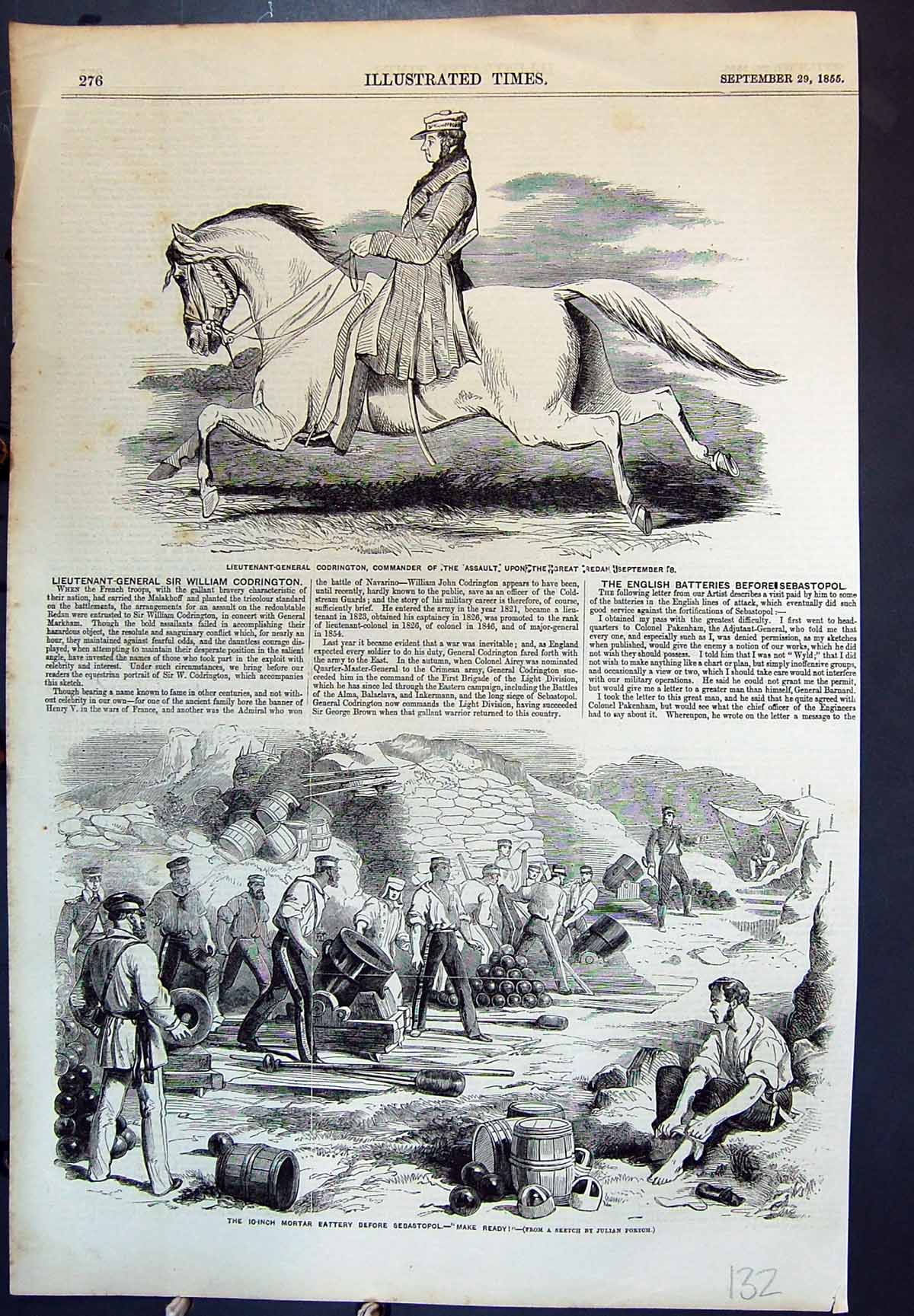 Old Print Lieu.-Gen. Codrington Horseback Mortar Battery Sebastopol 1855 19th
