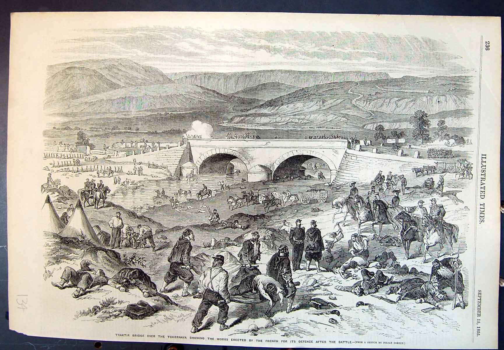 Antique Old Print Traktir Bridge Over Tchernaya Defence Works By French 1855