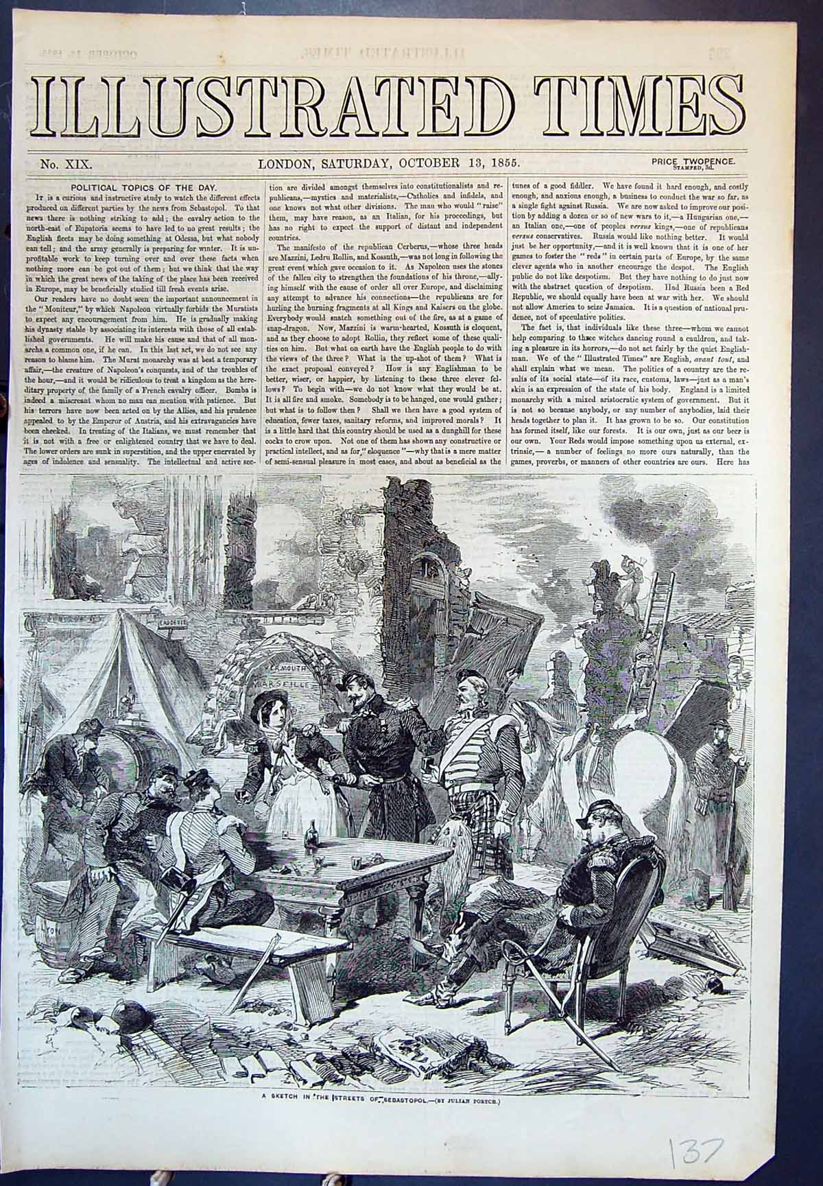 Antique Print Sketch Streets Sebastopol Siers Drinking Table Benches 1855 19th