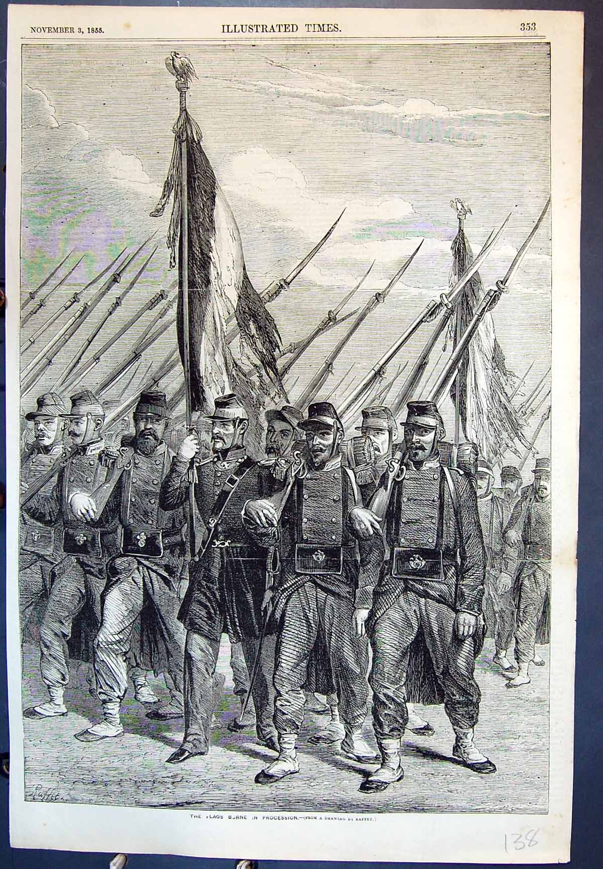 Antique Old Print The Flags Borne In Procession Siers Bearing Colours 1855 19th