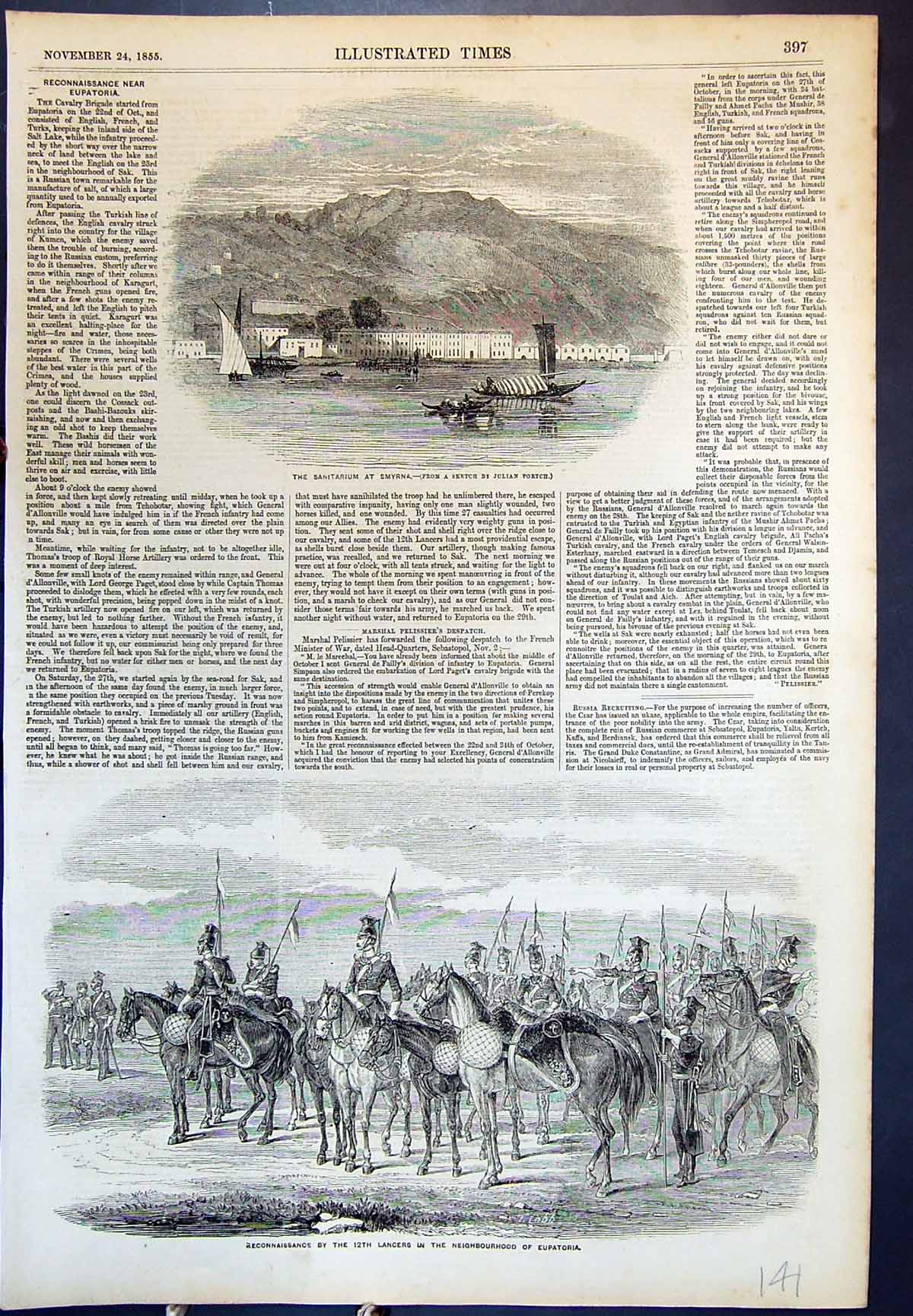 Antique Print Sanitarium Smyrna 12Th Lancers Eupatoria Reconnaissance 1855