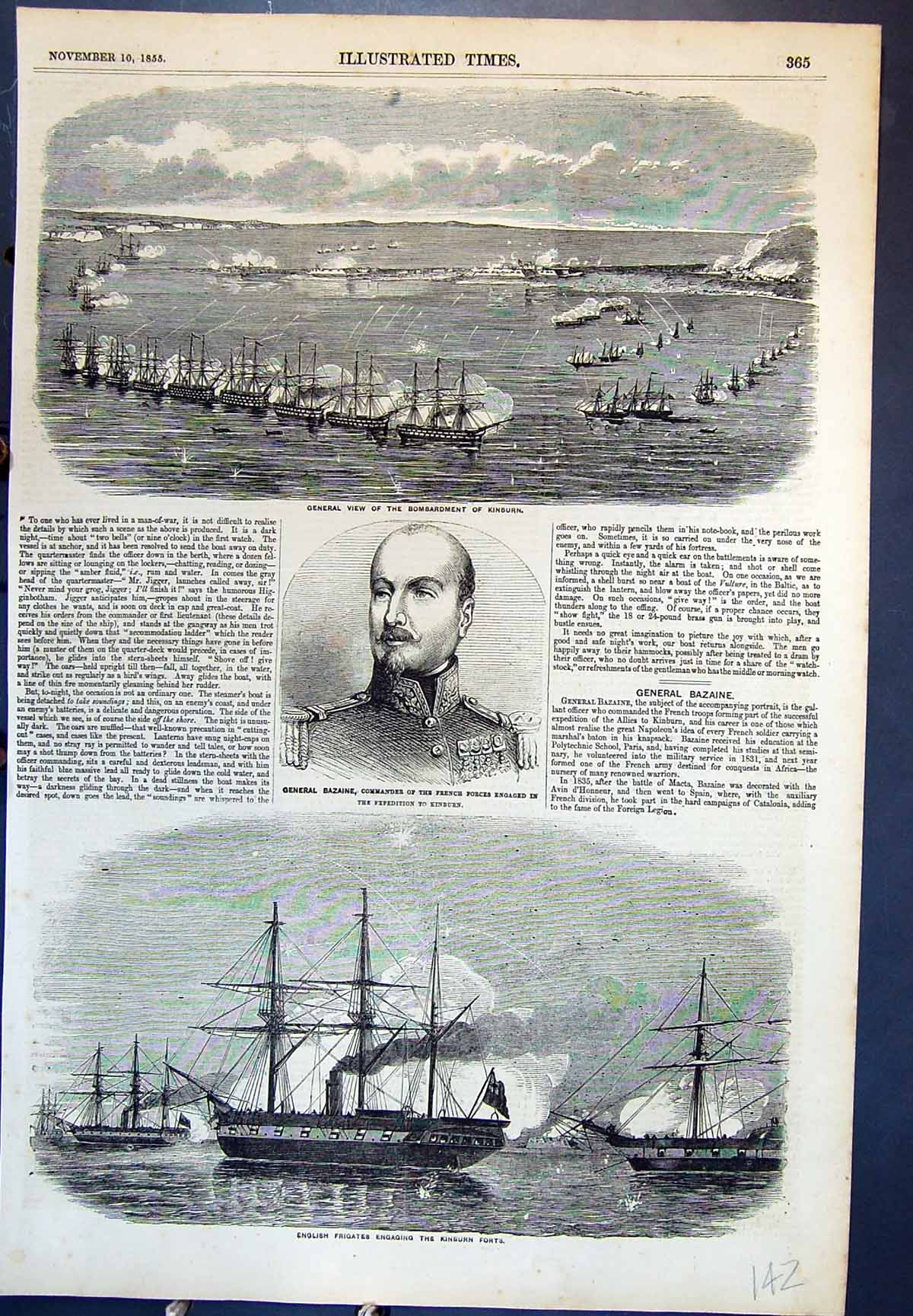 Antique Old Print Bombardment Kinburn English Frigates Engaging Forts 1855 19th