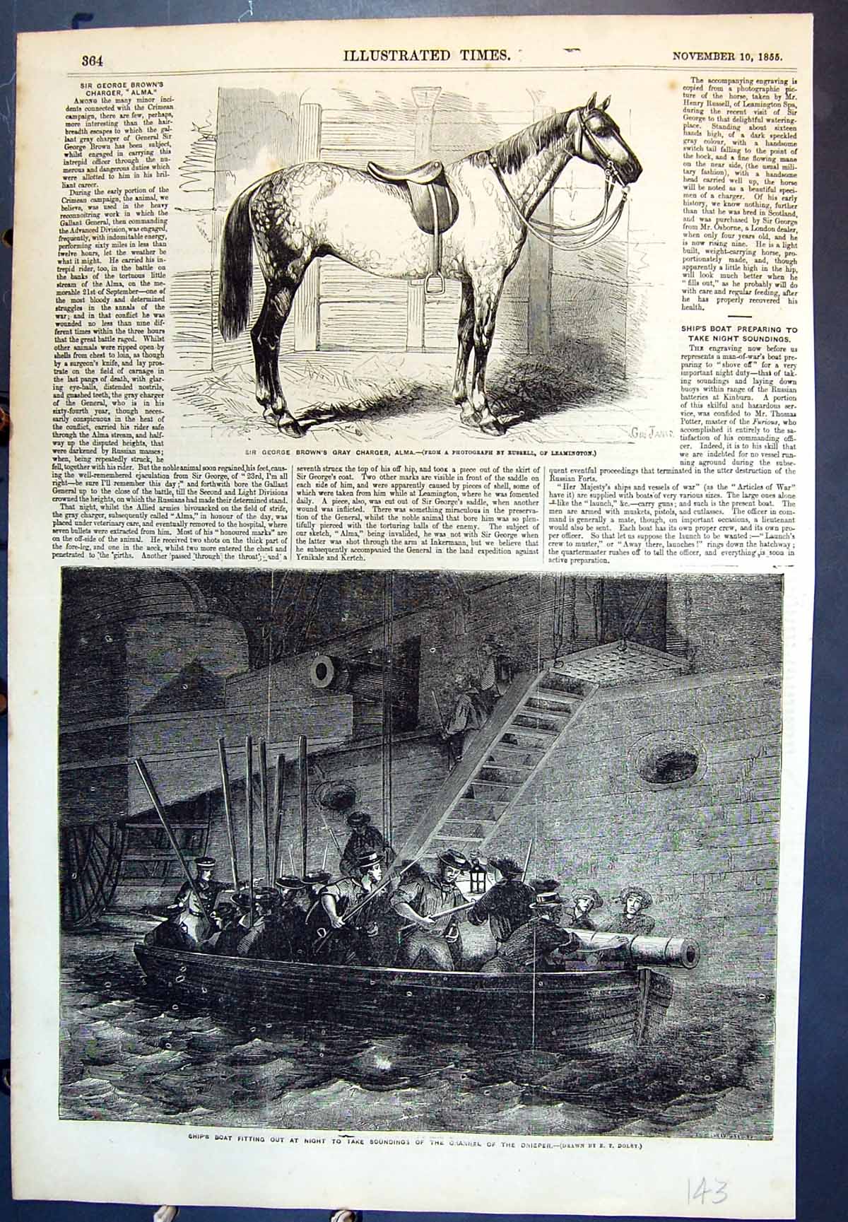Original Old Antique Print Alma Charger Ships Boat Night Soundings Dnieper 1855