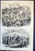 Original Old Antique Print Storming The Malakhoff Bringing In The Woulded 1855