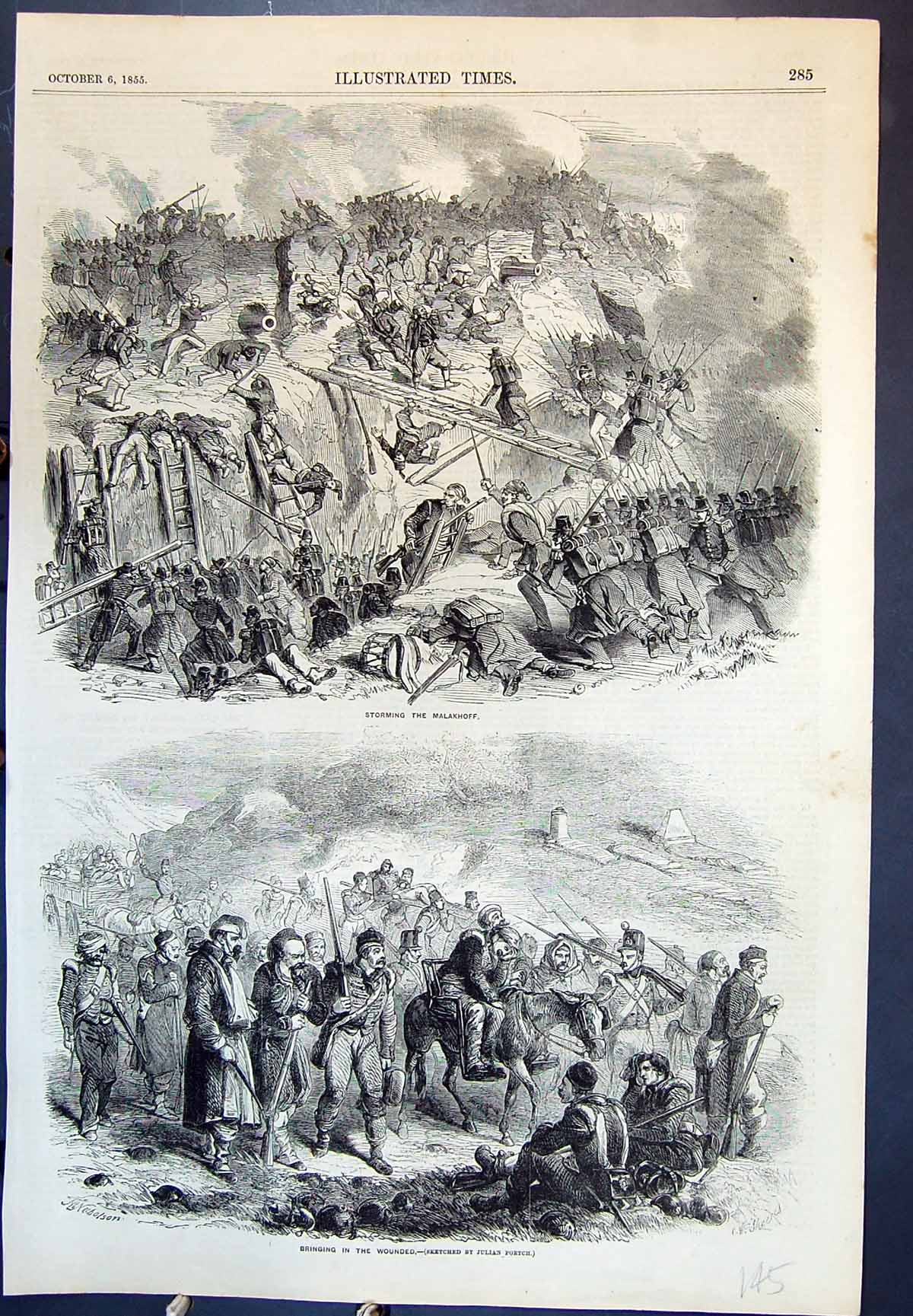 Original Old Antique Print Storming The Malakhoff Bringing In The Woulded 1855