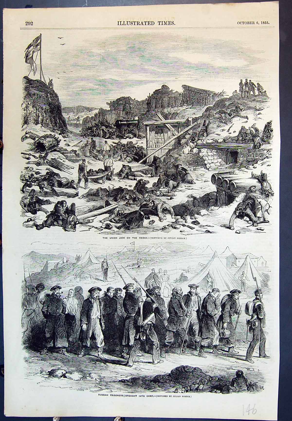 Antique Old Print Union Jack Redan Russian Prisoners Brought Into Camp 1855