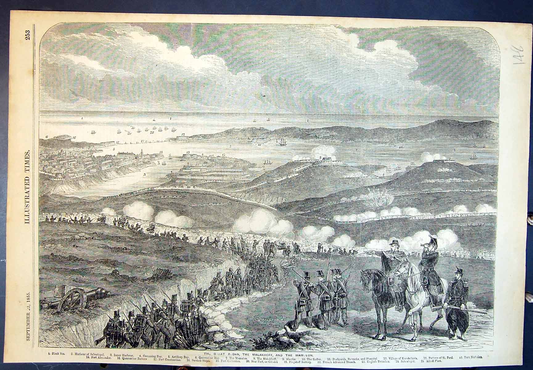 Antique Old Print Bird'S Eye View Great Redan Malakhoff Mamelon Labelled 1855