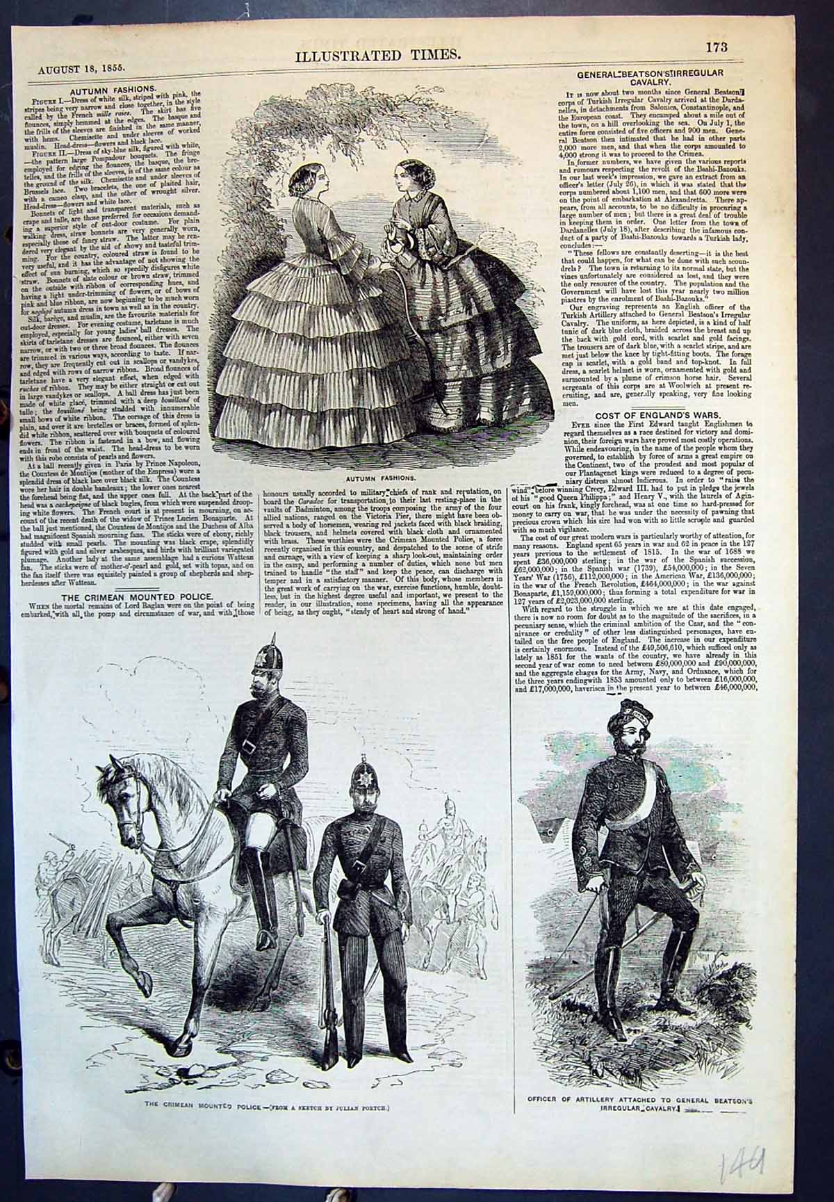 Antique Print Autumn Fashions Crimean Mounted Police Artillery Officer 1855