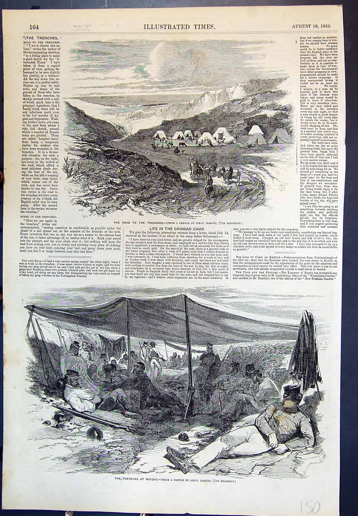Old Antique Print Road Trenches Siers Relaxing Under Covers Mid-Day 1855 19th
