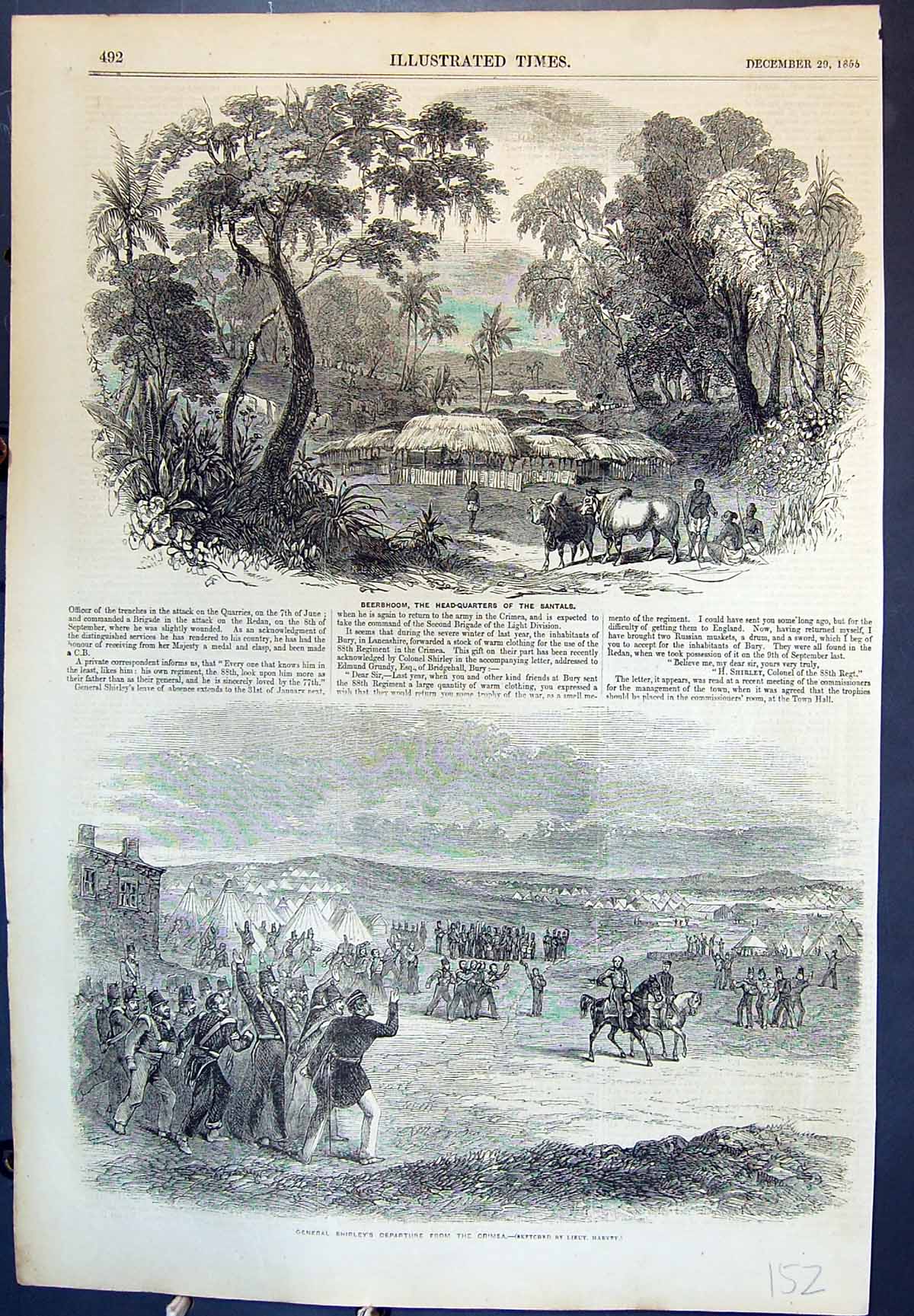 Antique Old Print Beerbhoom Head-Quarters Santals General Shirley Crimea 1855