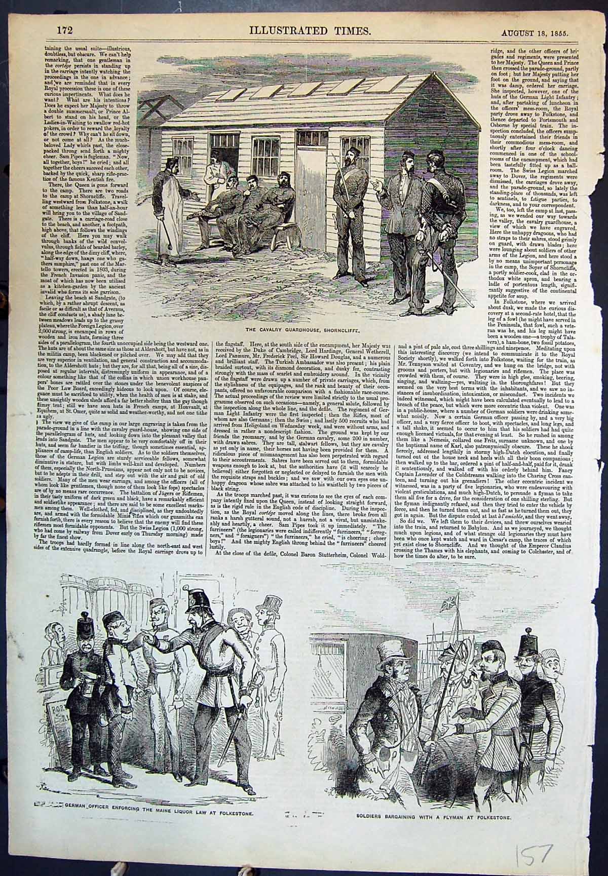 Antique Print Cavalry Guardhouse Shorncliffe German Officer Folkestone 1855