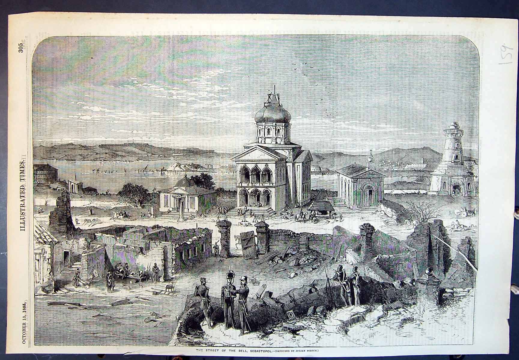 Old Antique Print The Street The Bell Sebastopol Siers Ruins Towers 1855 19th