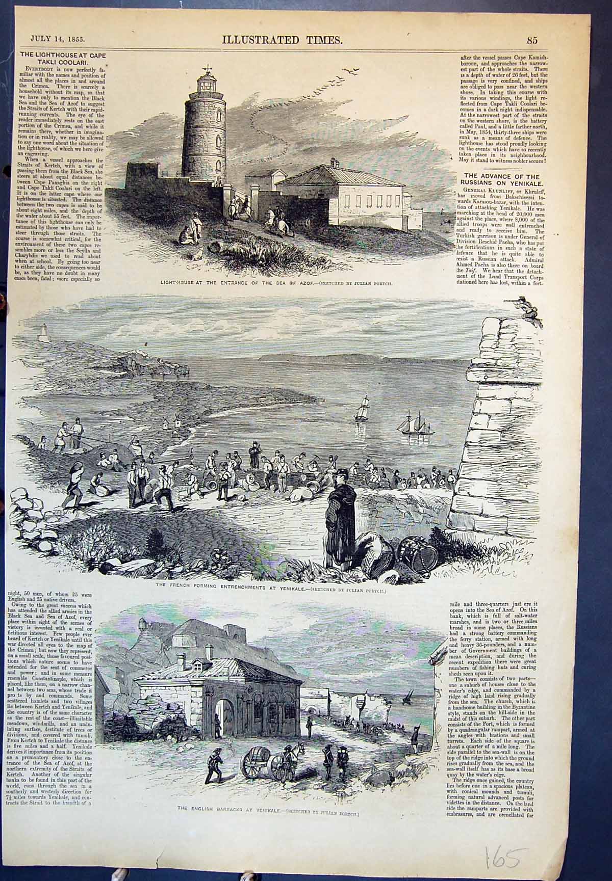 Old Antique Print Lighthouse Entrance Sea AzFrench English Yenikale 1855 19th