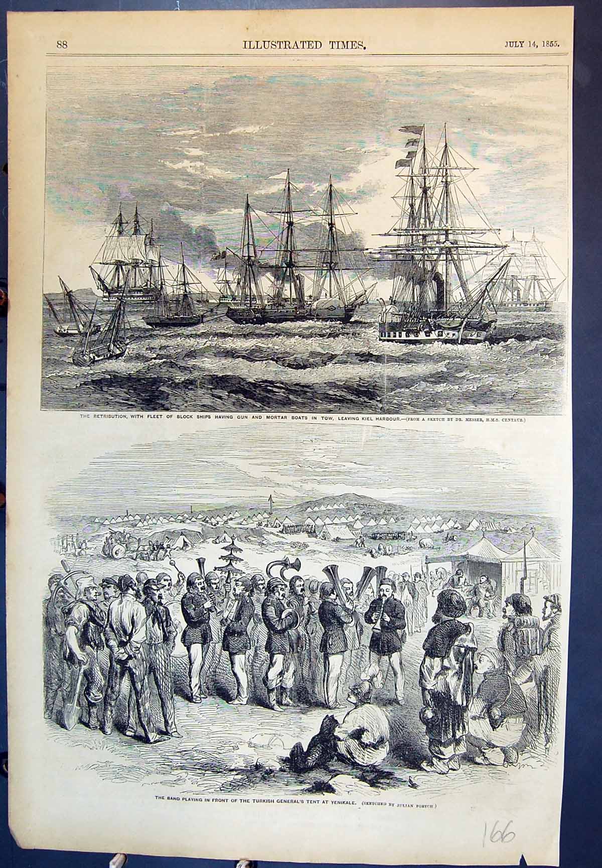 Antique Old Print Retribution Leaving Kiel Harbour Other Ships Yenikale 1855