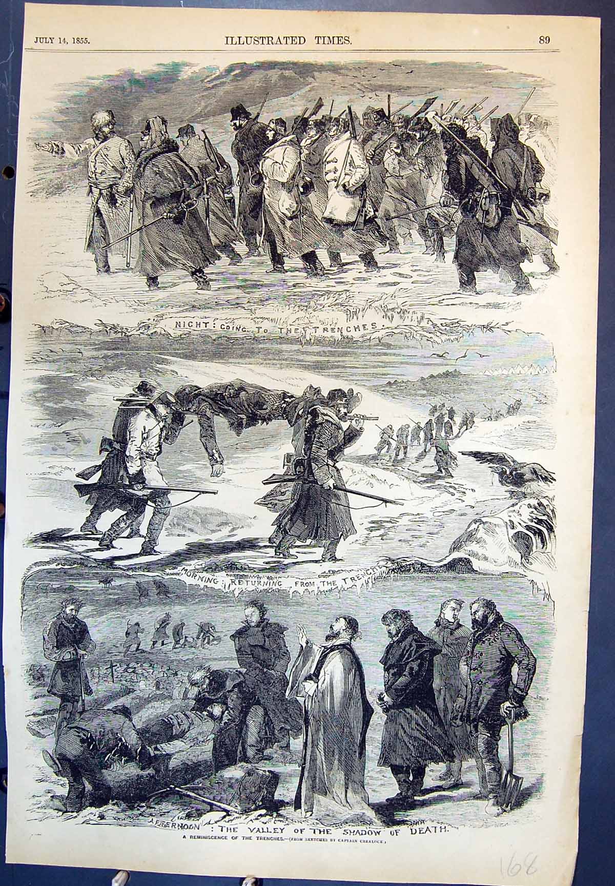 Antique Old Print A Reminiscence Trenches Night Morning Afternoon Death 1855