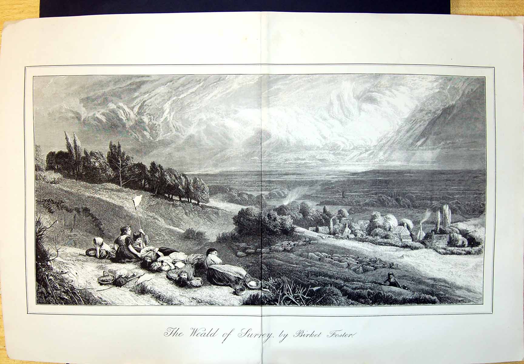 Antique Old Print Weald Surrey Birket Foster Reclining Figures Sheep Village