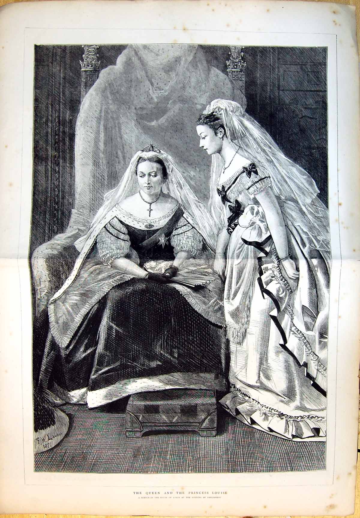 Old Antique Print The Queen And Princess Louise Sketch Opening Parliament