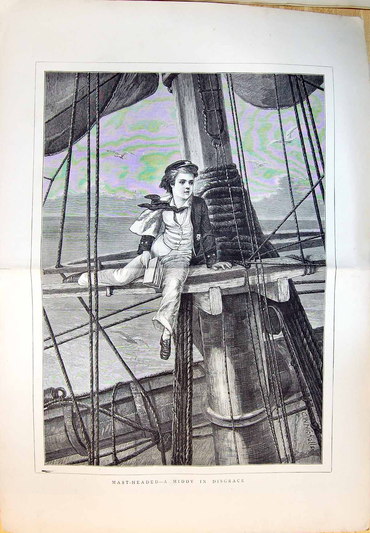 Antique Print Mast-Headed A Middy In Disgrace Ship Ropes Young Boy Seagull