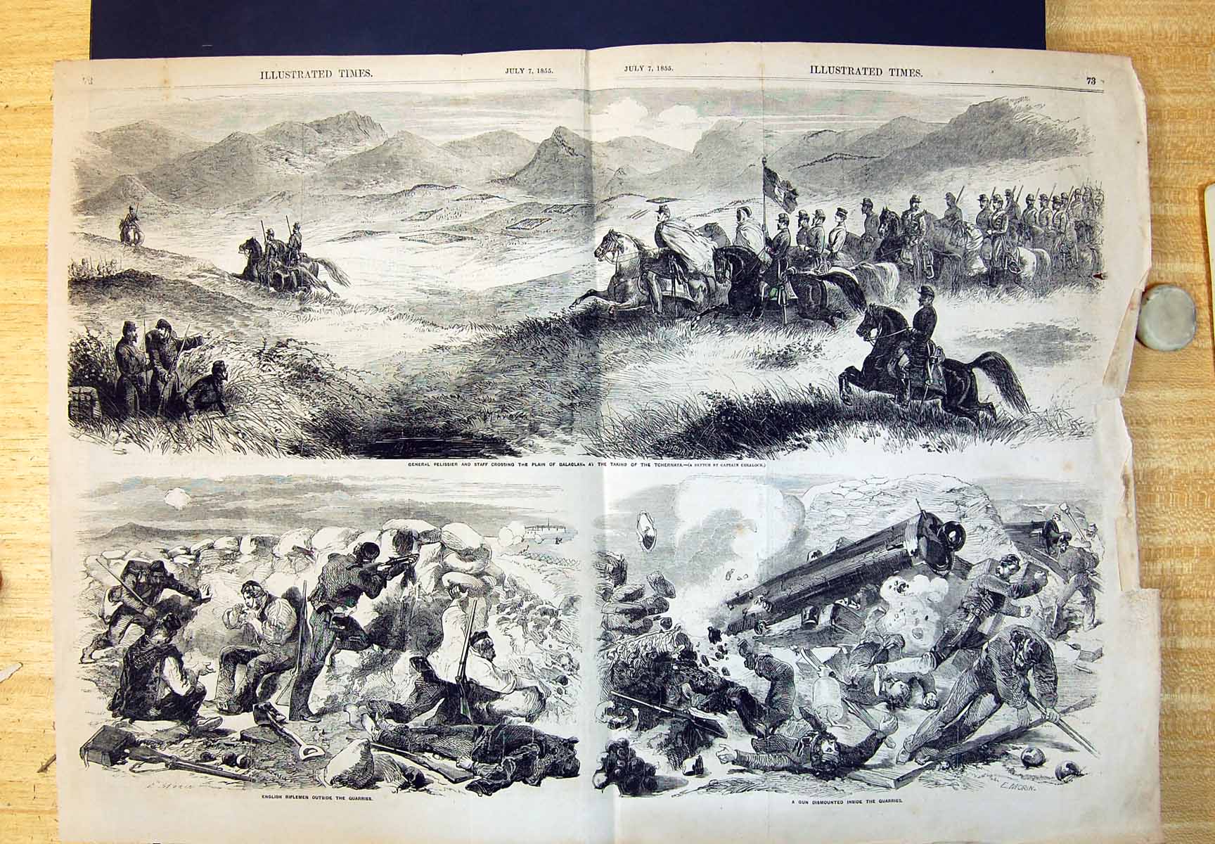 Old Print Damaged Plain Balaclava Taking Tchernya Riflemen Quarries 1855 19th