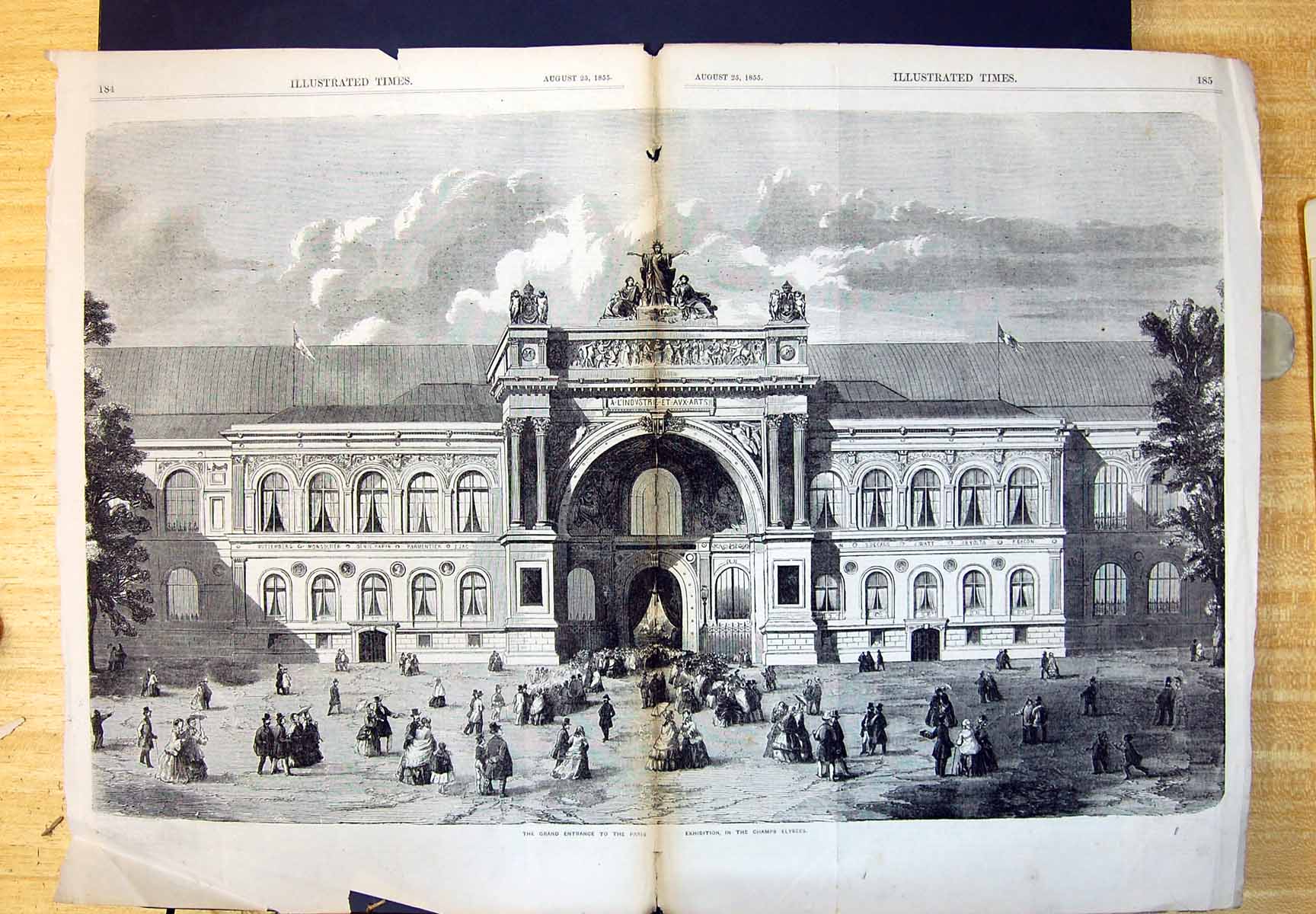 Antique Old Print Grand Entrance Paris Exhibition Champs Elysees Crowds 1855