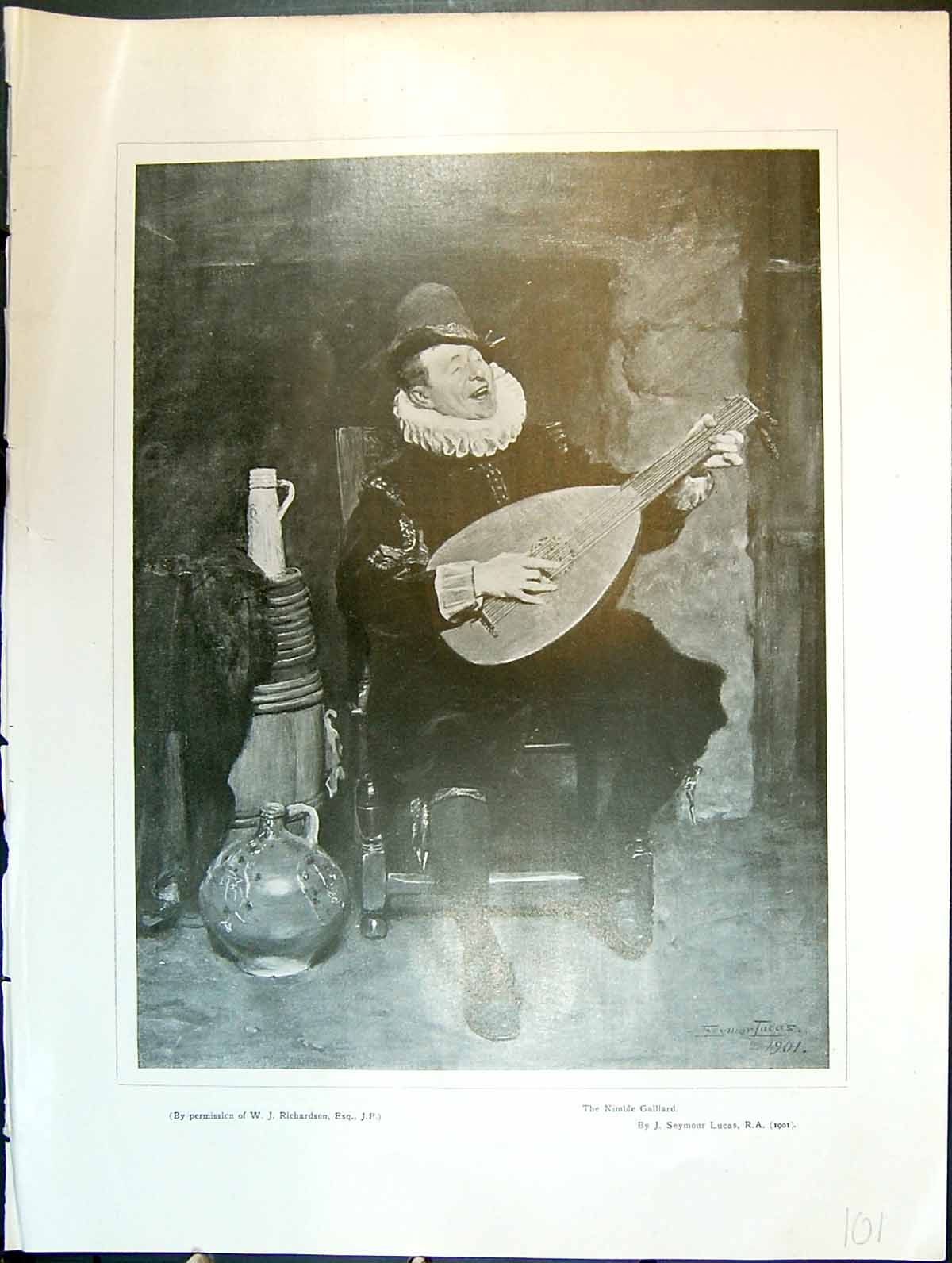 Antique Old Print The Nimble Galliard J Seymour Lucas Seated Man Instrument