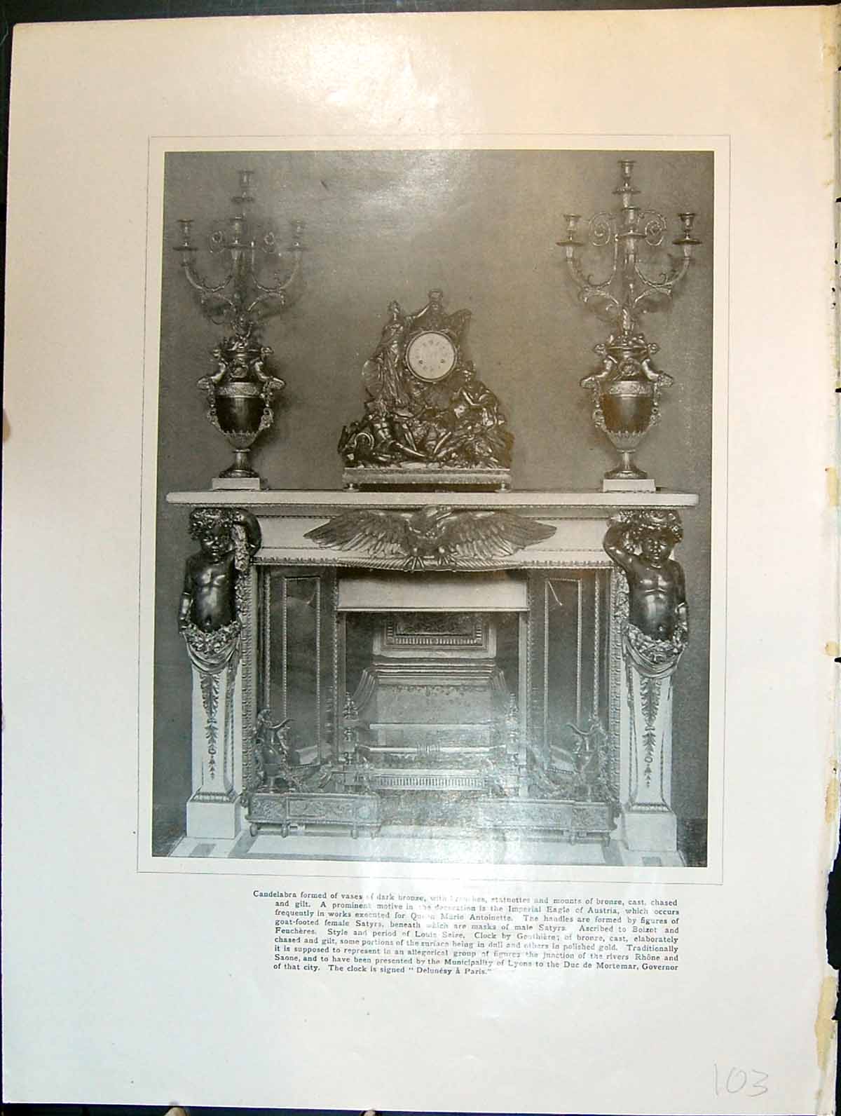 Antique Old Print Fireplace Candelabra Imperial Eagle Austria Clock Satyrs