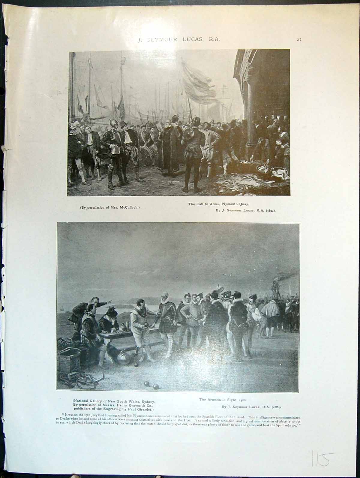 Antique Old Print J Seymour Lucas Call To Arms Plymout Quay Armada In Sight