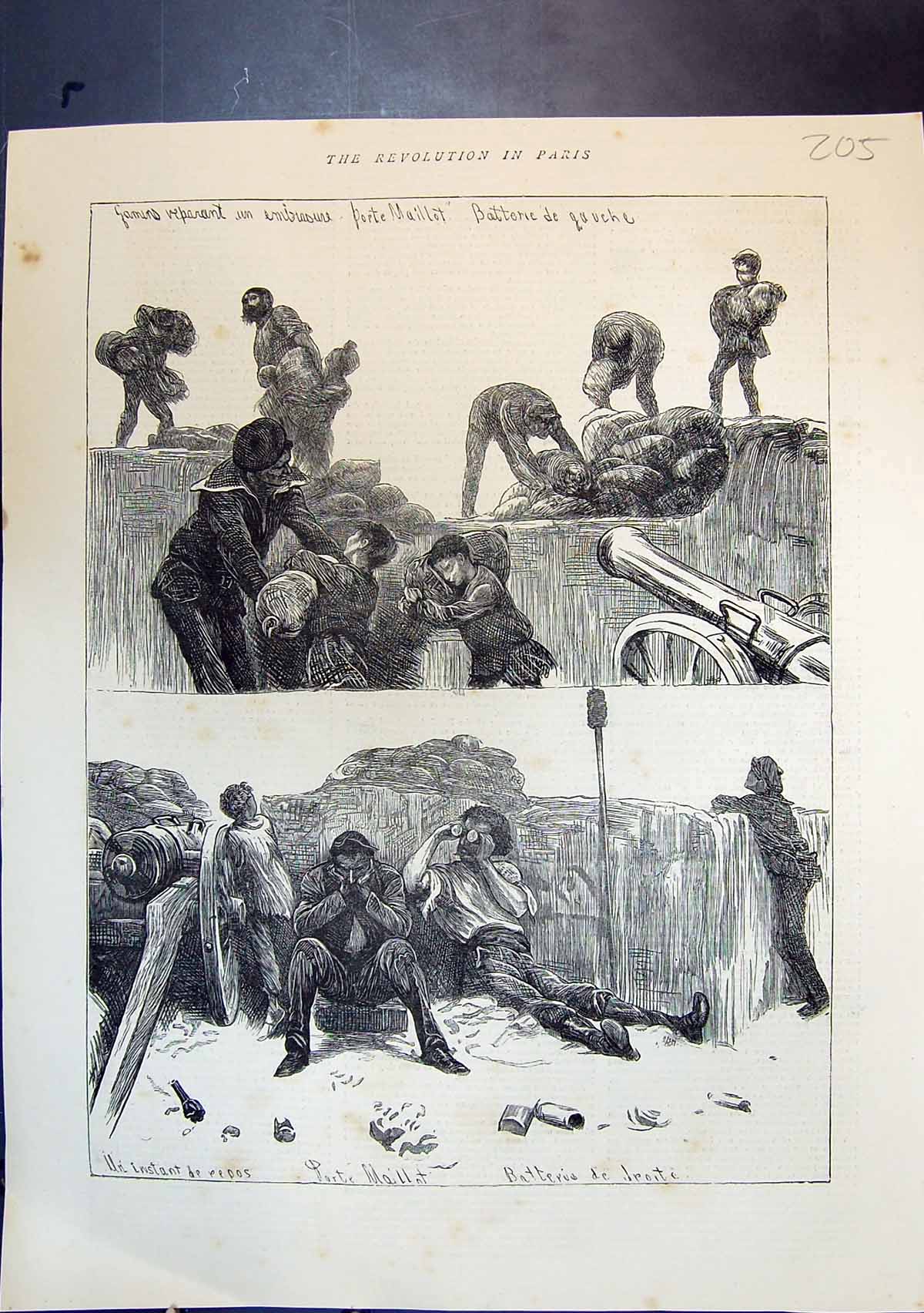 Antique Old Print Boys Helping Build Embankments Sand Bags Porte Maillot 1871