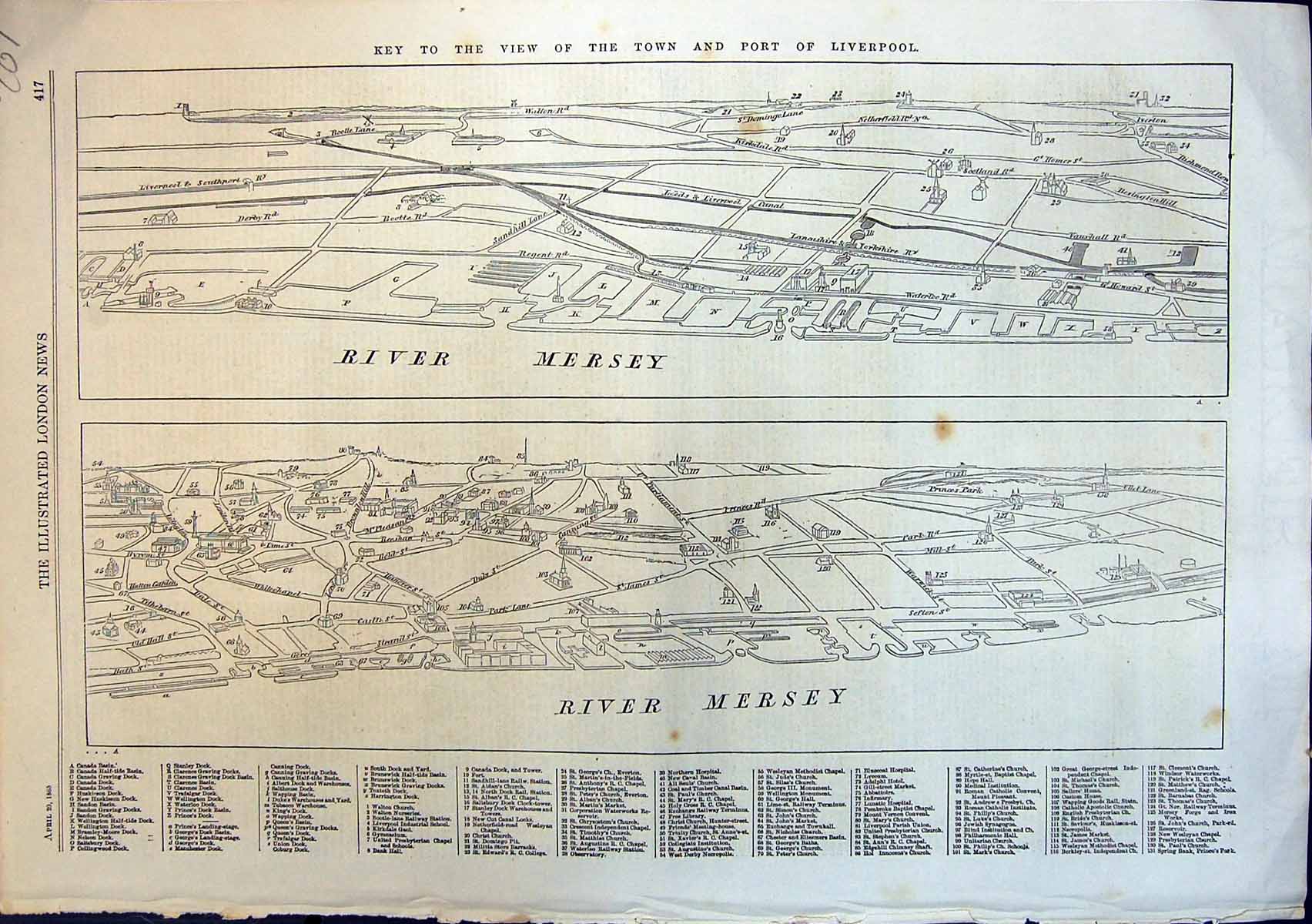 Old Antique Print View Town And Port Liverpool Annotated Canada Dock 1865 19th