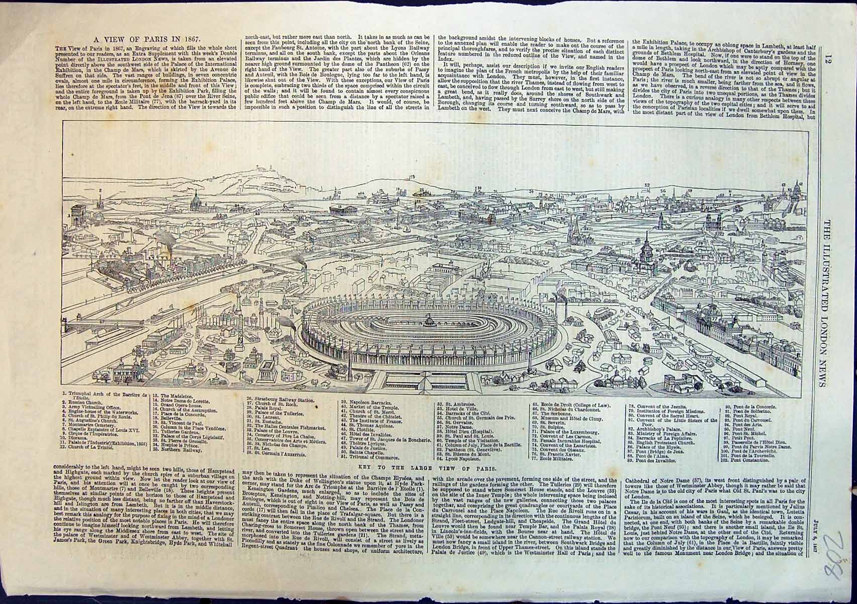 Antique Old Print View Paris Annotated Hotel Des Invalides Montmartre 1867 19th