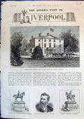 Antique Old Print Newsham House Liverpool Queen'S Vist Residence Statues 1886