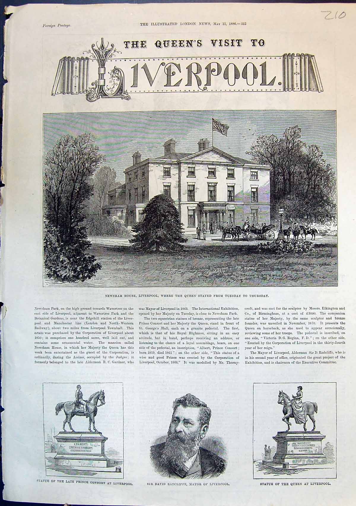 Antique Old Print Newsham House Liverpool Queen'S Vist Residence Statues 1886