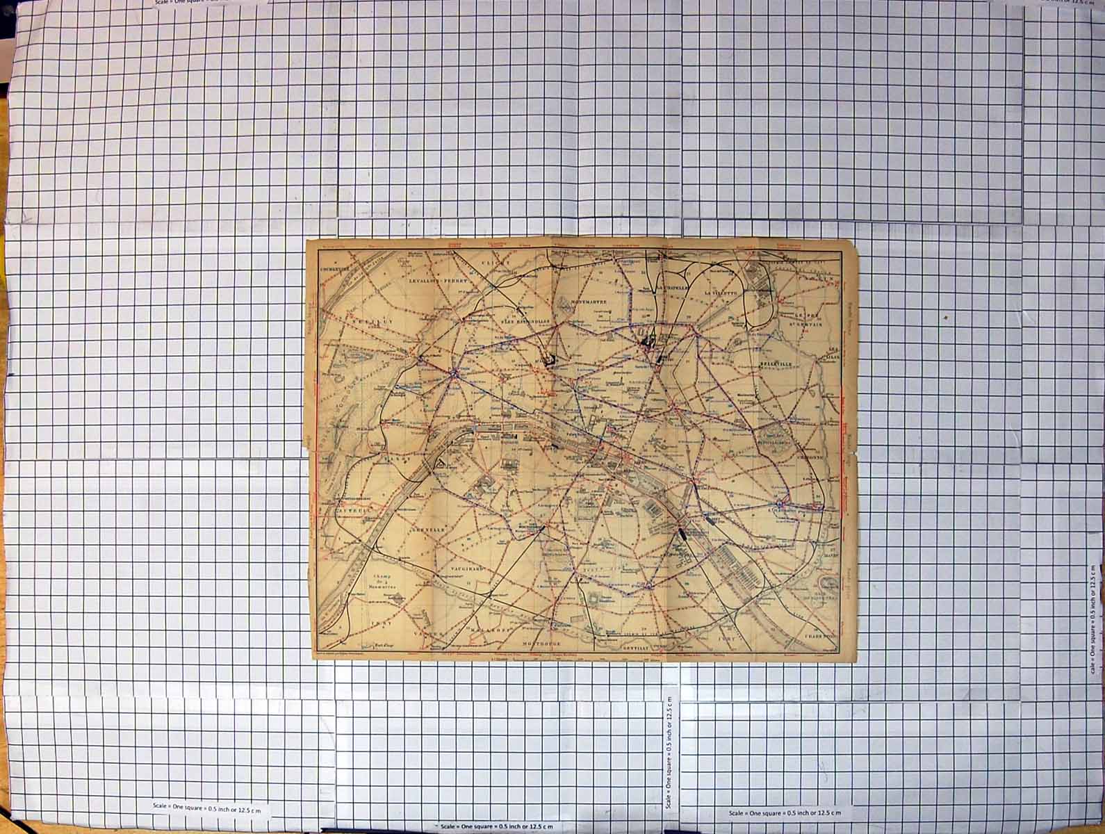 Old Antique Print Map Street Plan Belleville Montmartre Neuilly Vaugirard