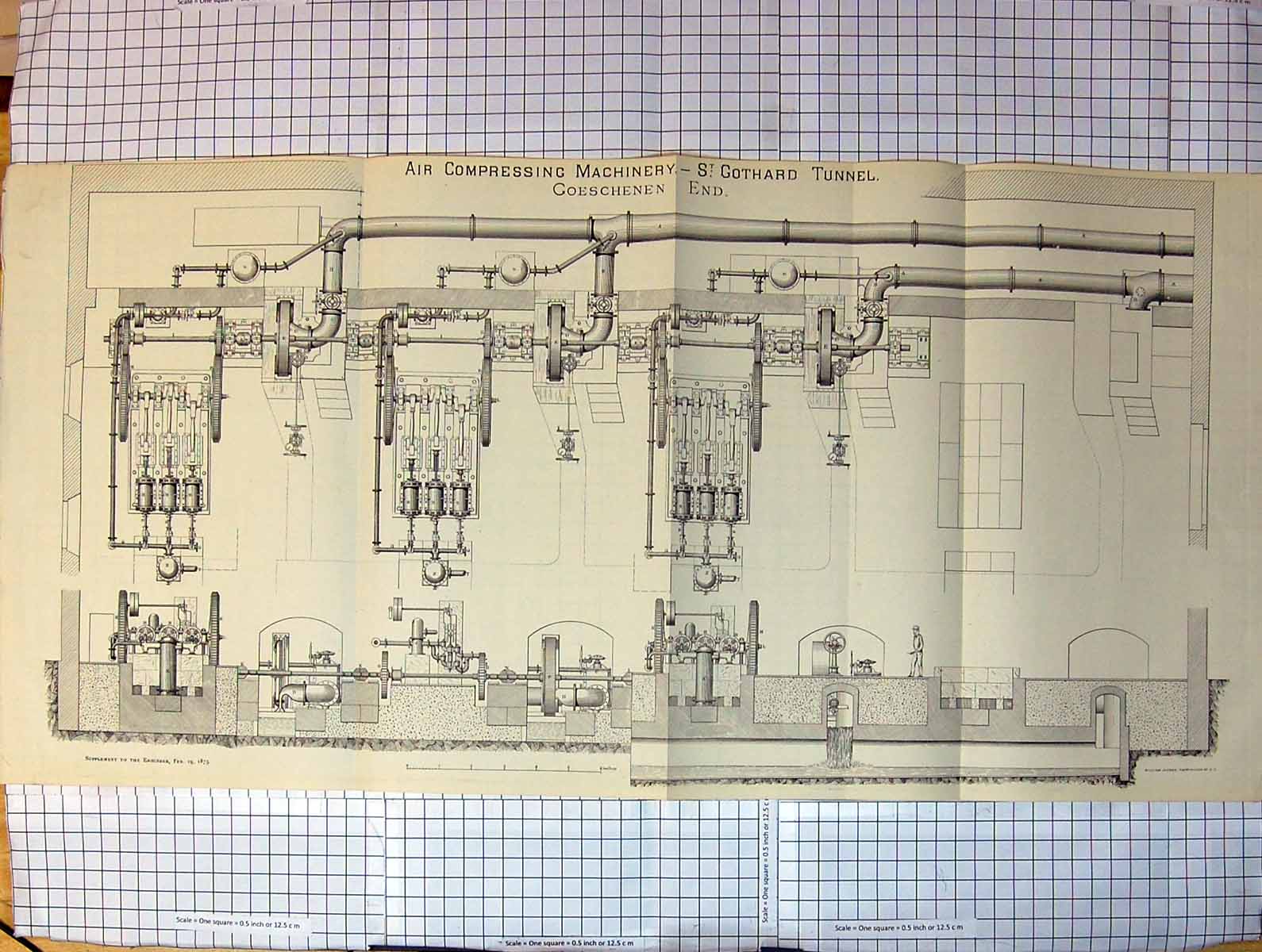 Antique Old Print Air Compressing Machinery St. Gothard Tunnel Goeschenen End